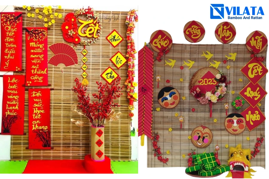 Mành tre trang trí với quạt giấy và mẹt Tết Mành tre trang trí với quạt giấy và mẹt Tết